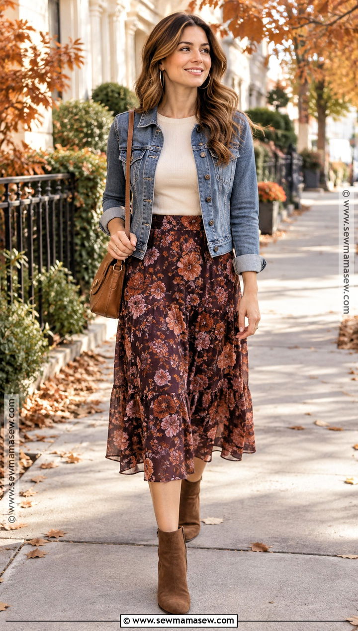 Floral Midi Skirt With Denim Jacket And Ankle Boots - 20 midi skirt fall outfit ideas