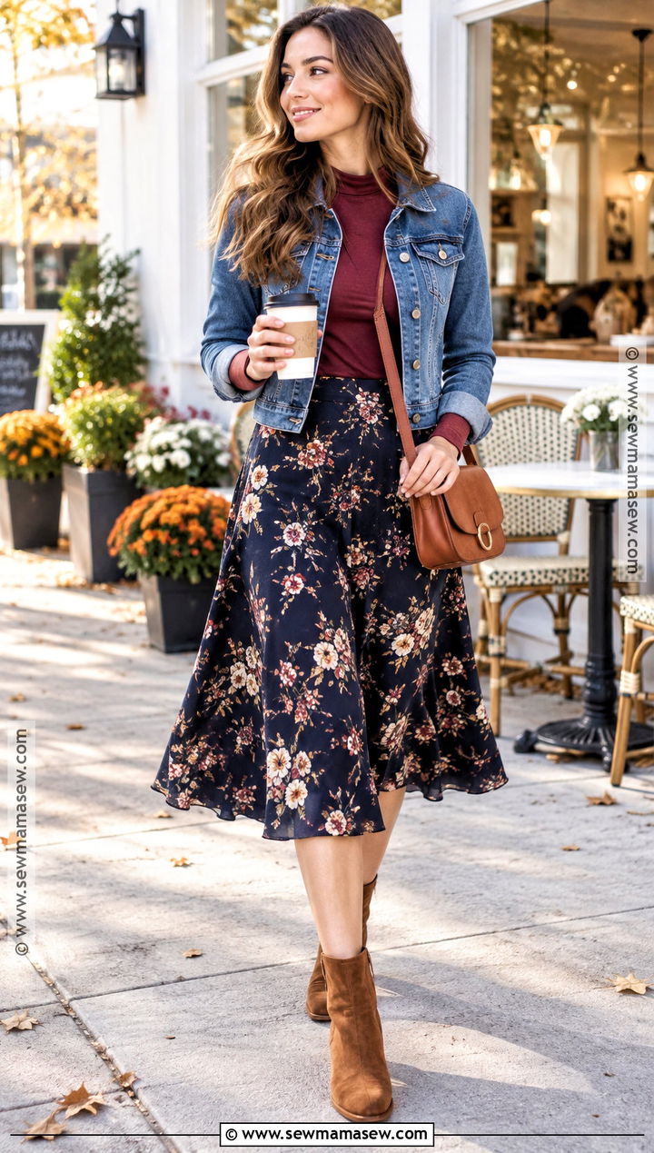 Floral Midi Skirt With Denim Jacket And Ankle Boots - 20 cute fall skirt outfits