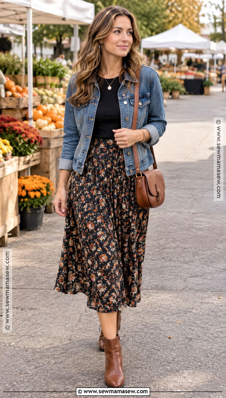 Floral Midi Skirt With Denim Jacket And Boots - 20 Autumn Outfits Skirts