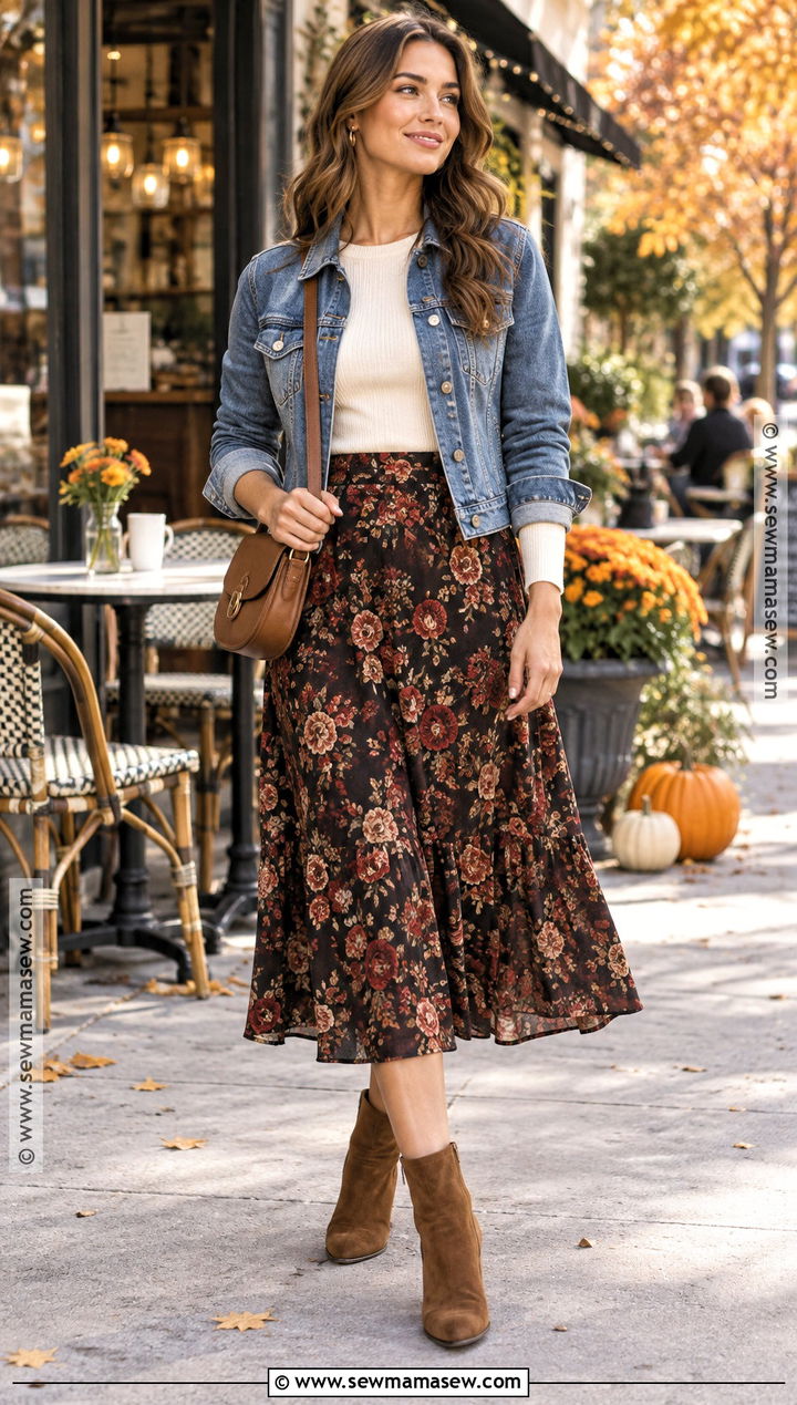 Floral Midi Skirt With Denim Jacket And Boots - 15 fall outfits with midi skirts