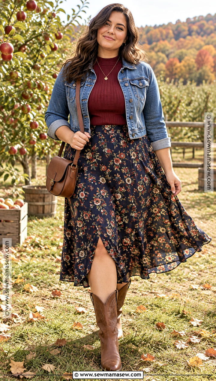 Floral Midi Skirt With Denim Jacket And Western Boots - 20 skirt for fall ideas