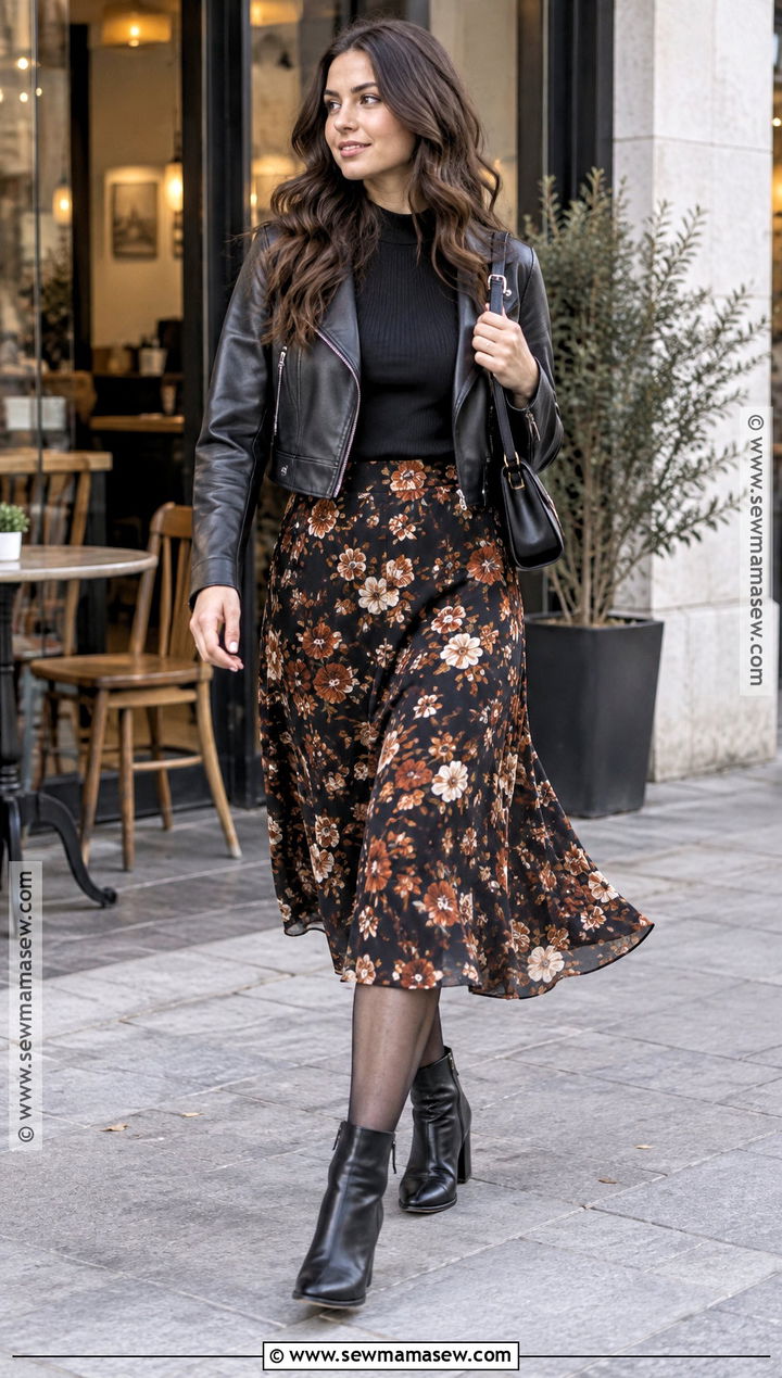 Floral Midi Skirt With Leather Jacket And Boots - 30 fall skirt outfits