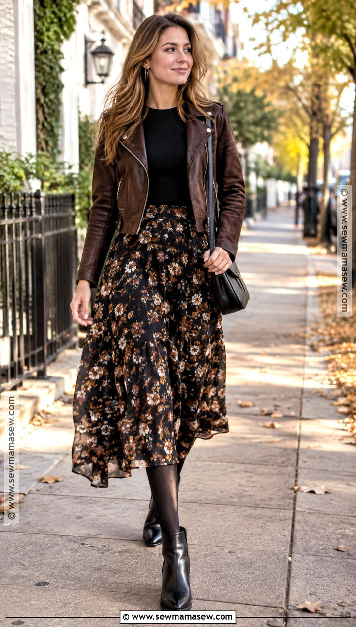 Floral Midi Skirt With Moto Jacket - 20 midi skirt outfit autumn ideas