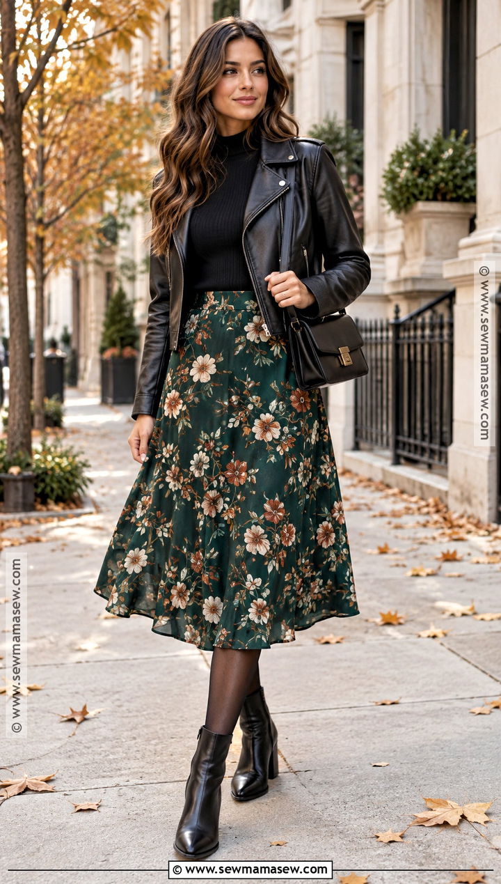Floral Midi Skirt With Moto Jacket - 20 Midi Skirt Fall Ideas