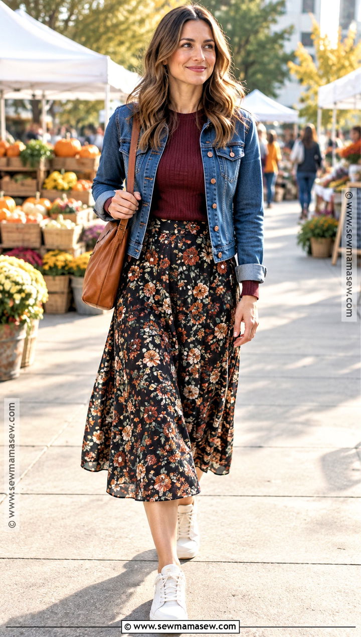 Floral Midi Skirt With Neutral Sneakers - 20 Fall Skirt Outfits With Sneakers