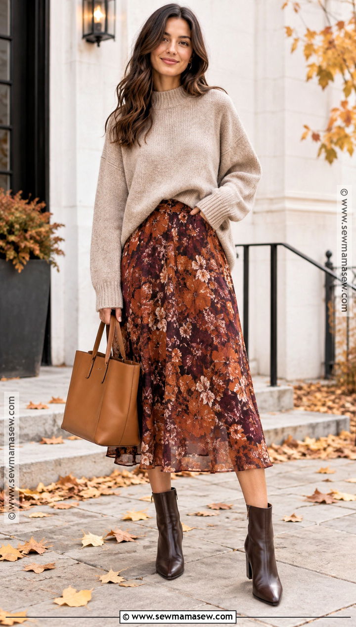 Floral Midi Skirt With Oversized Sweater - 15 floral print fall outfit ideas