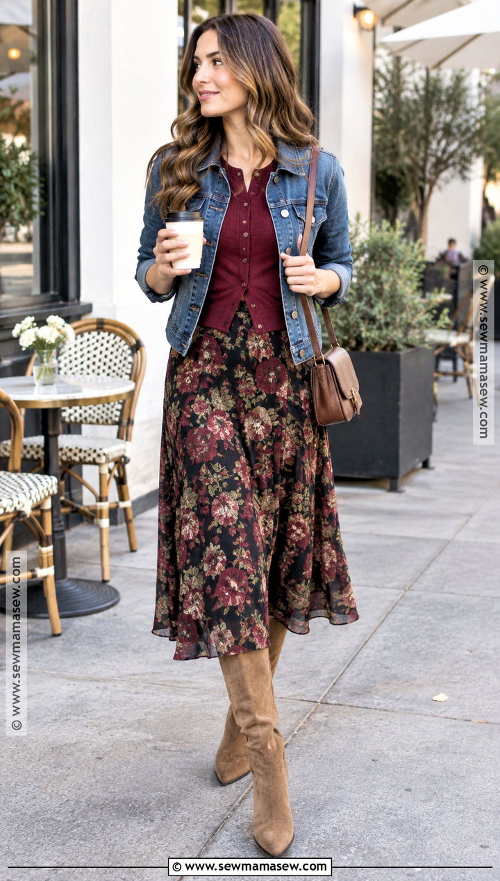 Floral Midi Skirt With Suede Boots - 15 fall midi skirt outfits with boots