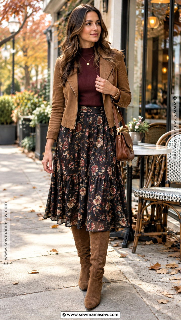 Floral Midi Skirt With Suede Jacket - 20 autumn outfits skirt midi