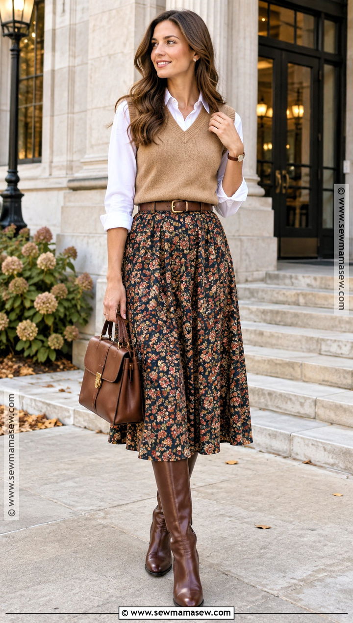 Floral Midi Skirt With Sweater Vest And Riding Boots - 15 Autumn Outfit With Floral Skirt And Boots