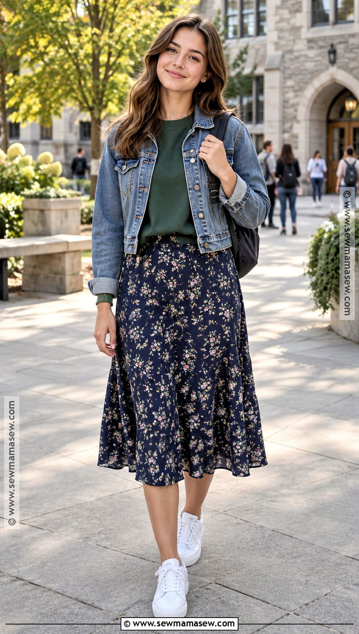 Floral Midi Skirt With Sweatshirt And Sneakers - 15 Back To School Skirt Styles