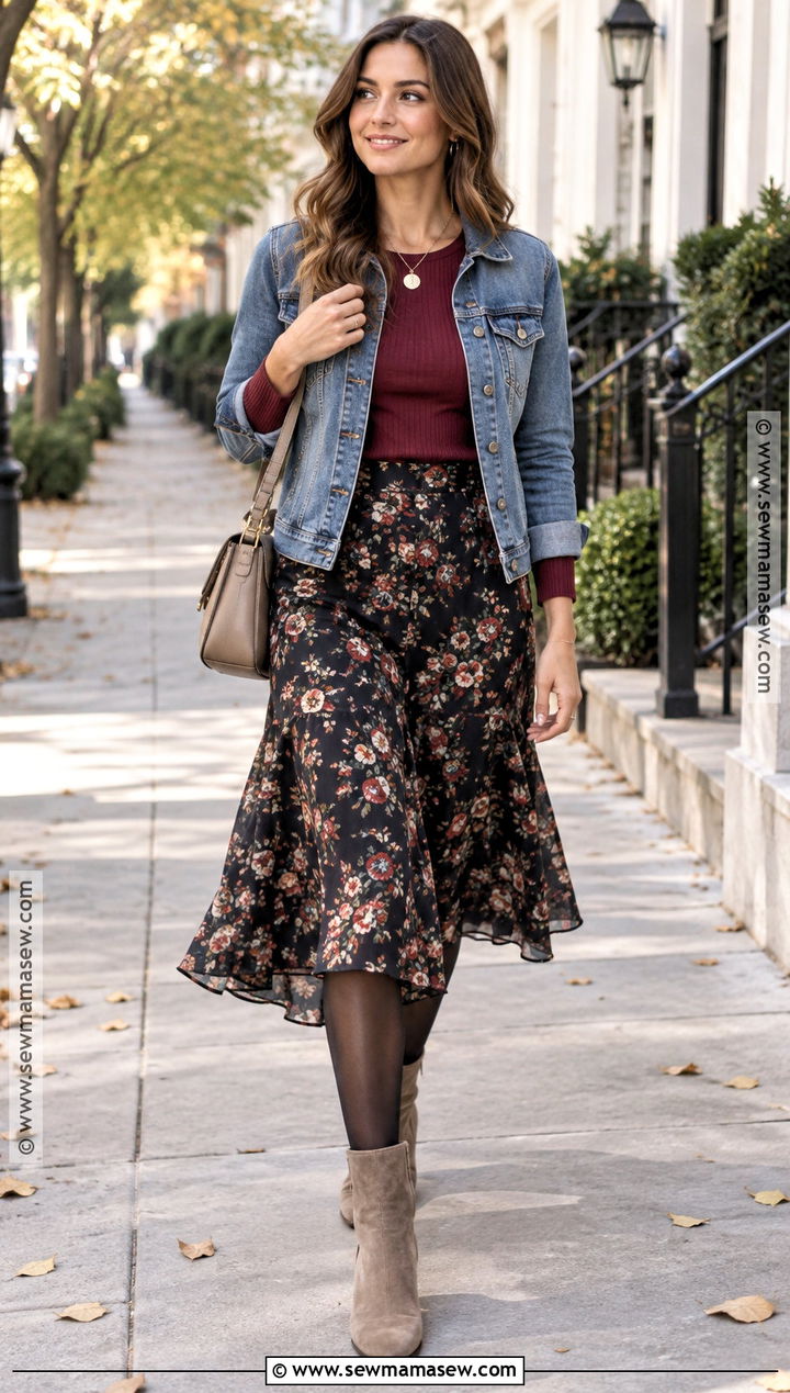Floral Midi Skirt With Tights And A Denim Jacket - 15 fall skirt tights outfit ideas