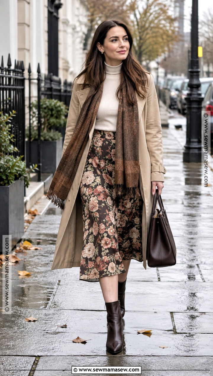 Floral Midi Skirt With Trench Coat And Pointed Boots - 15 Autumn Outfit With Floral Skirt And Boots