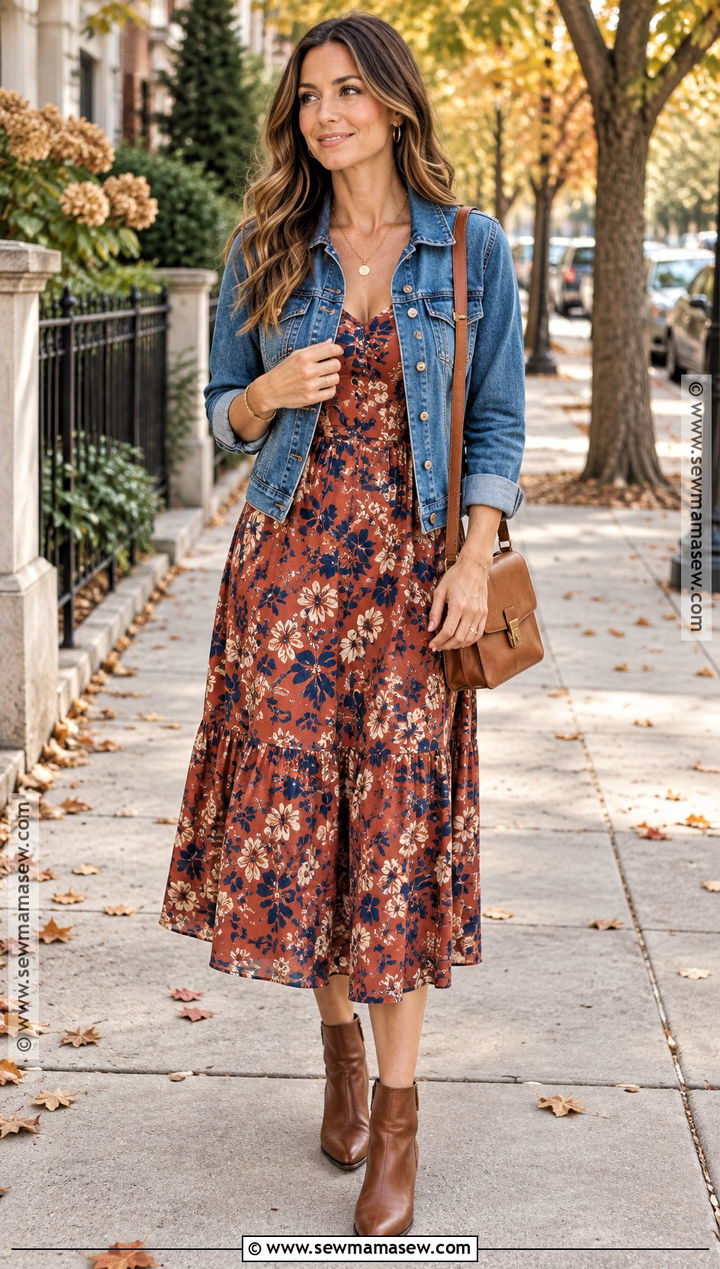 Floral Midi Sundress With Denim Jacket - 20 Fall Sundress Ideas