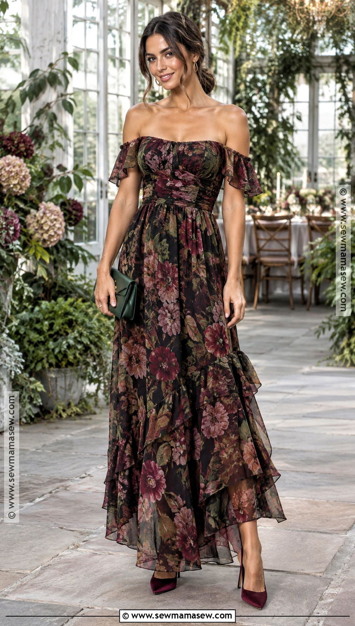 Floral Off Shoulder Fall Wedding Guest Dress - 15 Fall Wedding Guest Dress Off Shoulder Ideas