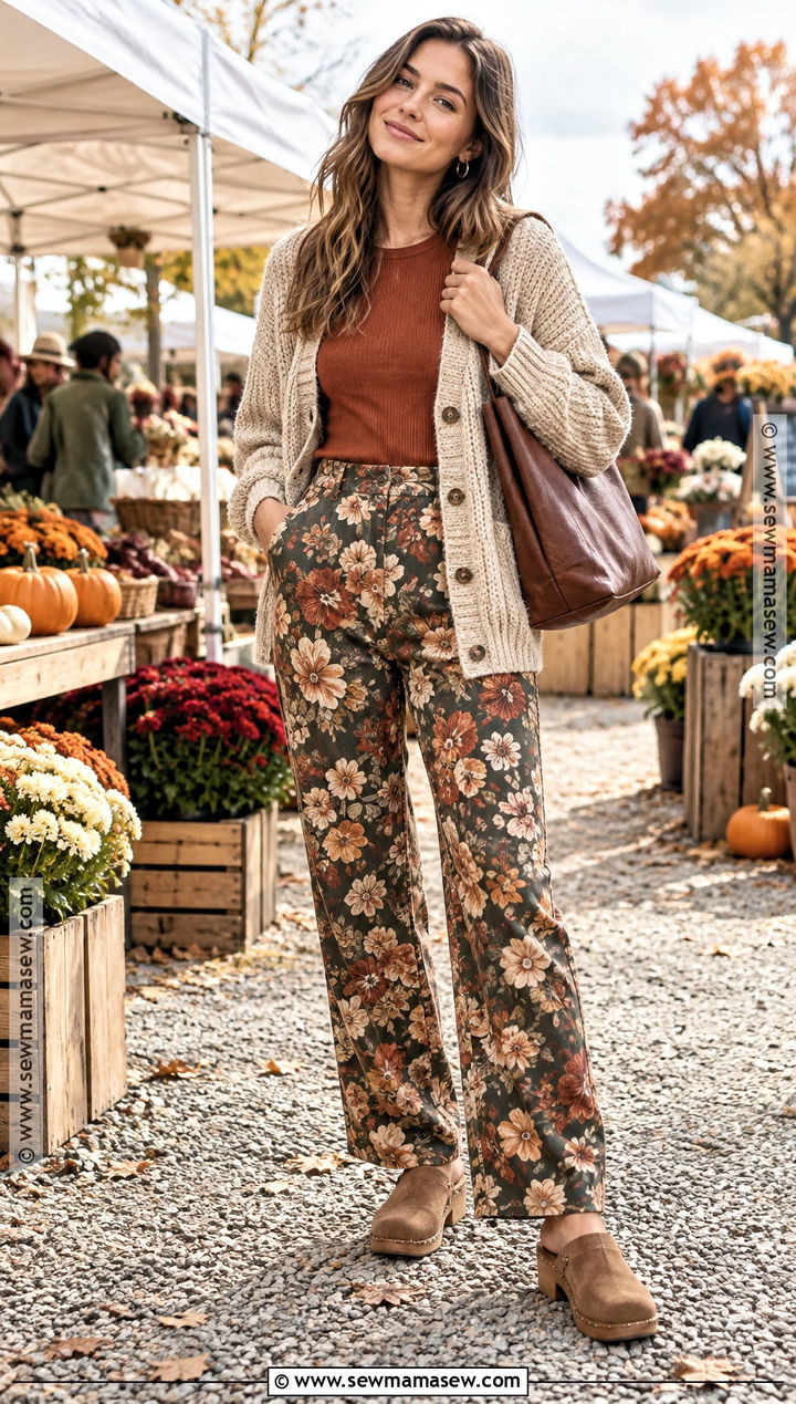 Floral Pants With Chunky Cardigan And Clogs - 15 autumn floral pants style