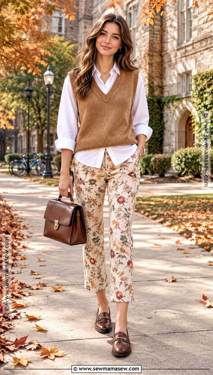 Floral Pants With Sweater Vest And Oxford Shirt - 15 autumn floral pants style