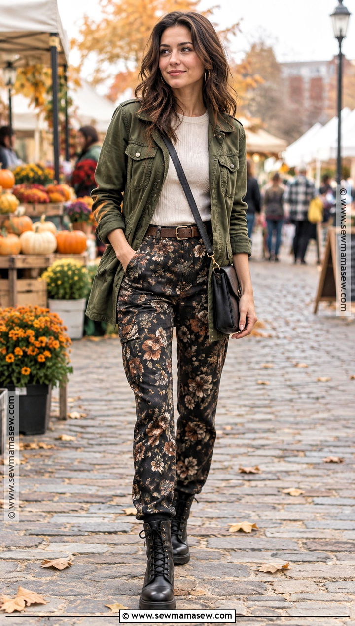 Floral Pants With Utility Jacket And Combat Boots - 15 autumn floral pants style