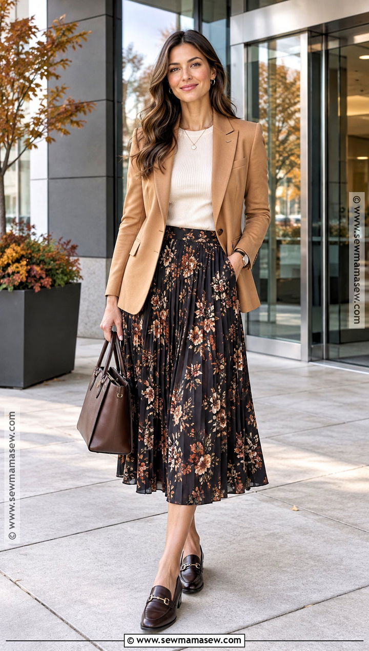 Floral Pleated Skirt With Blazer - 15 autumn floral skirt style ideas