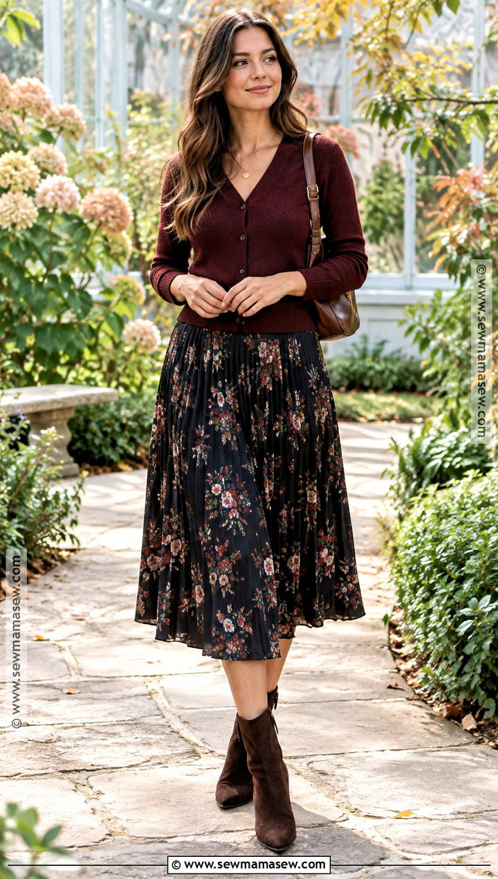 Floral Pleated Skirt With Cardigan And Ankle Boots - 15 fall outfit pleated skirt ideas