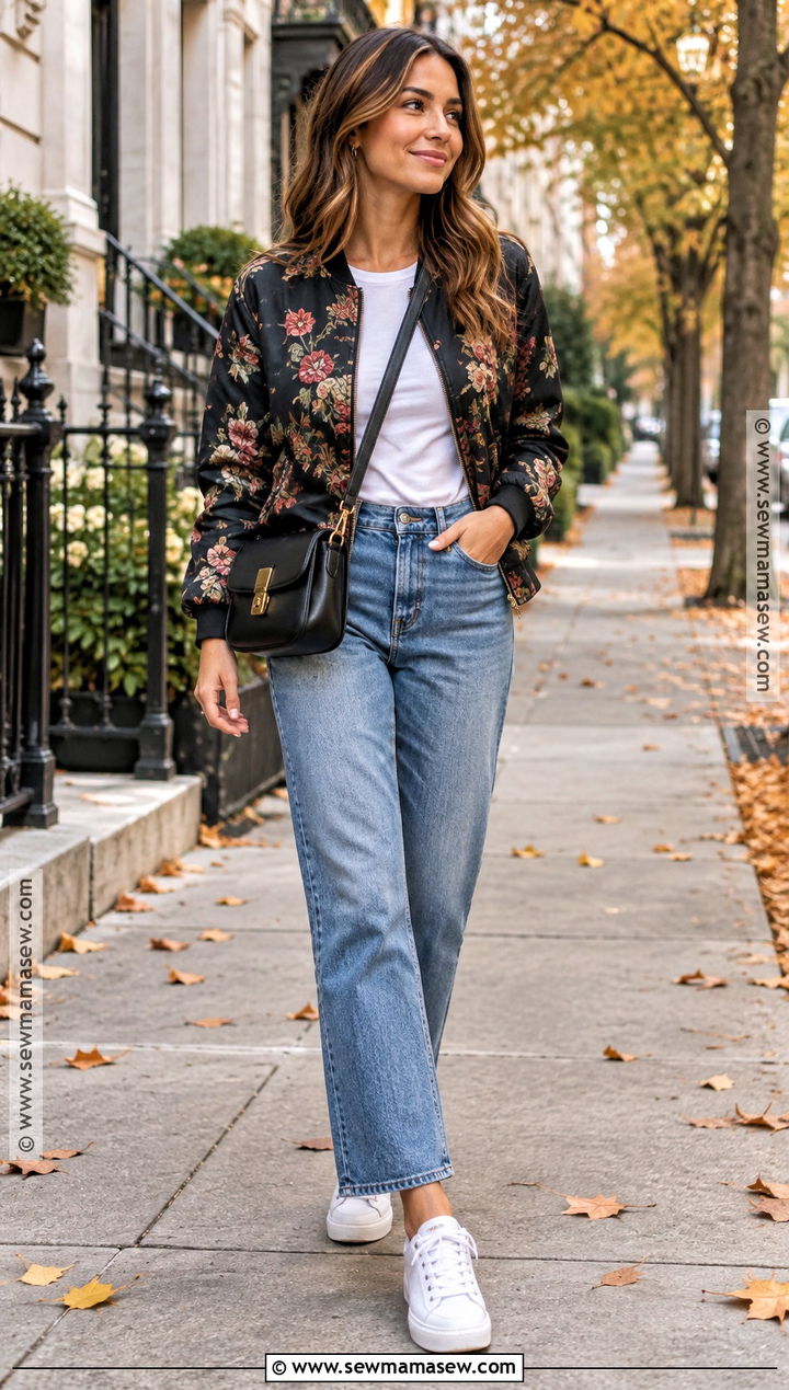 Floral Print Bomber Jacket With Jeans - 15 floral print jacket fall ideas