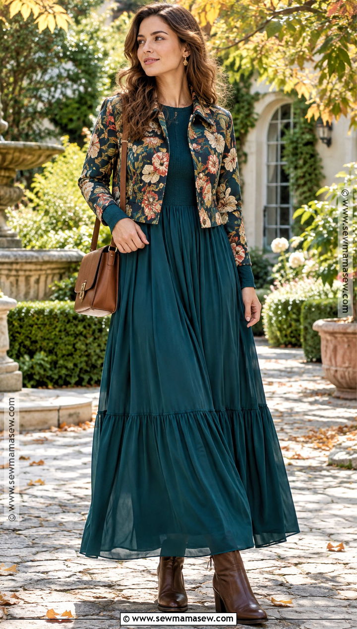 Floral Print Jacket With Maxi Dress - 15 floral print jacket fall ideas