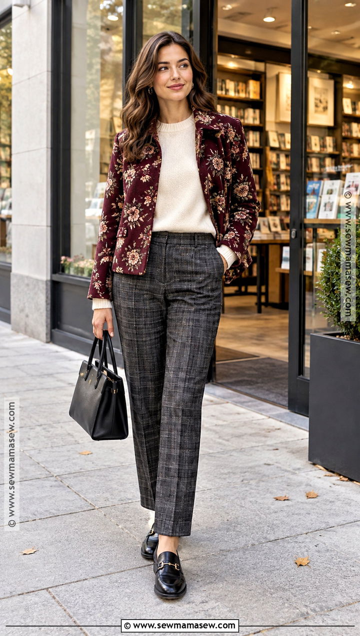 Floral Print Jacket With Plaid Pants - 15 floral print jacket fall ideas