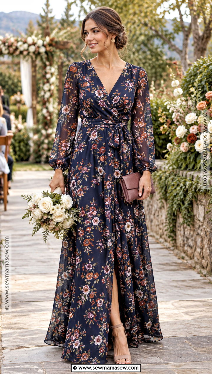 Floral Print Long Sleeve Bridesmaid Dress - 15 Fall Bridesmaid Dresses With Sleeves