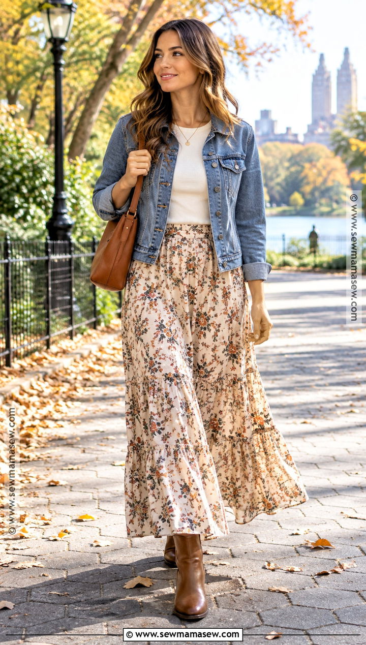 Floral Print Maxi Skirt With Denim Jacket - 15 floral print skirt fall ideas