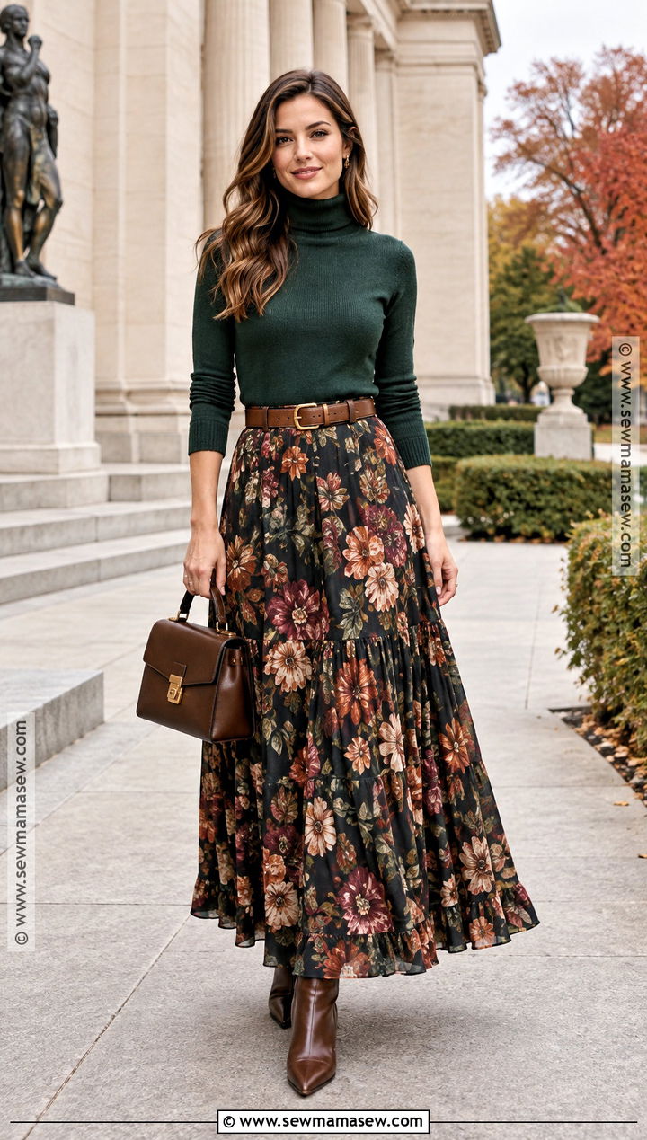 Floral Print Maxi Skirt With Turtleneck And Belt - 15 floral print skirt fall ideas