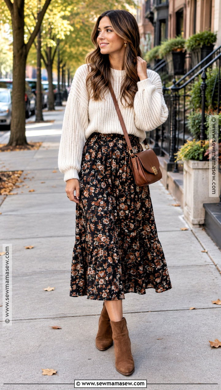 Floral Print Midi Skirt With Chunky Sweater - 15 floral print skirt fall ideas