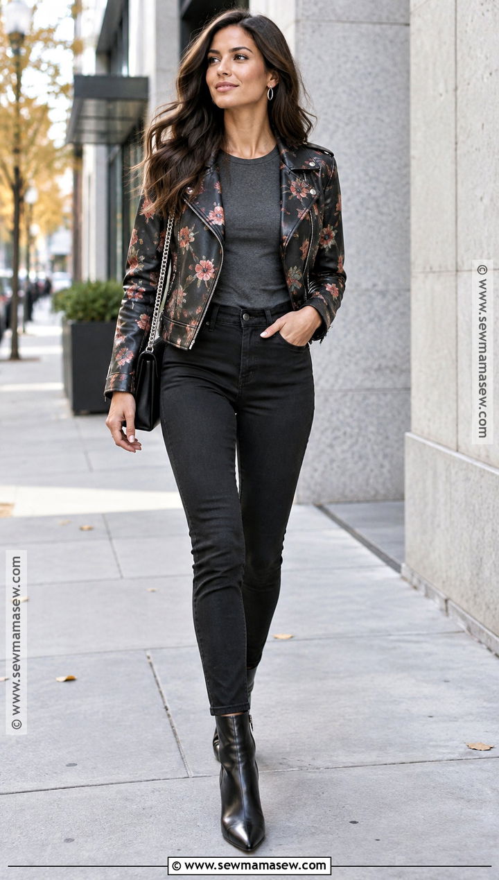 Floral Print Moto Jacket With Black Jeans - 15 floral print jacket fall ideas