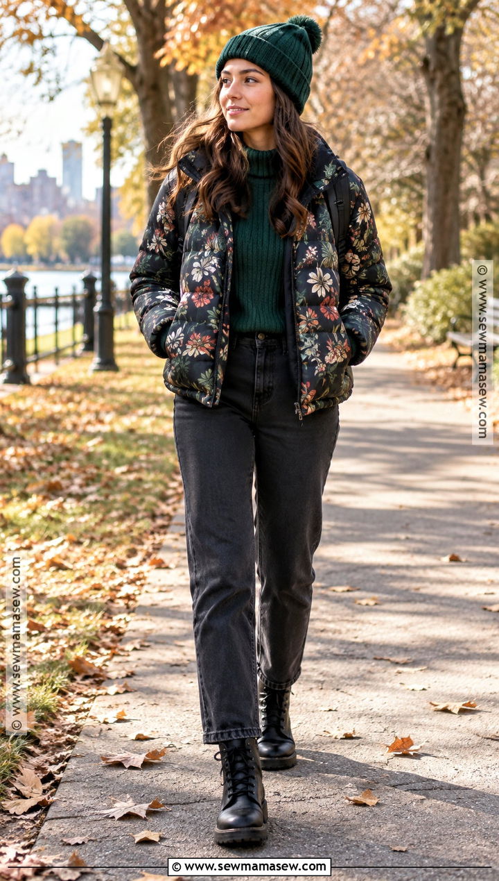 Floral Print Puffer Jacket With Dark Jeans - 15 floral print jacket fall ideas