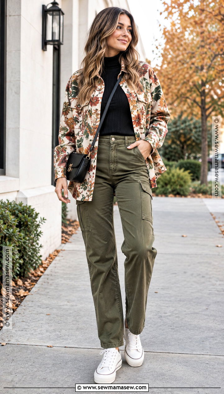 Floral Print Shacket With Cargo Pants - 15 floral print jacket fall ideas