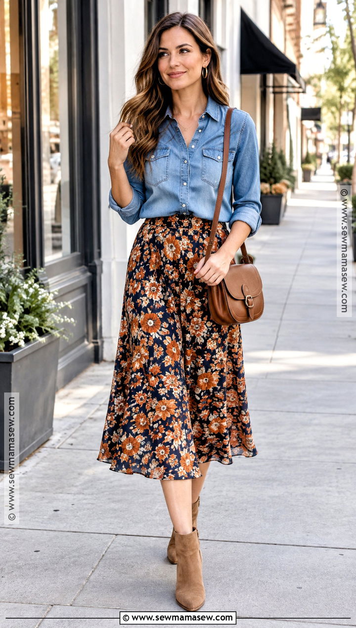 Floral Print Skirt With Denim Shirt And Ankle Boots - 15 floral print skirt fall ideas