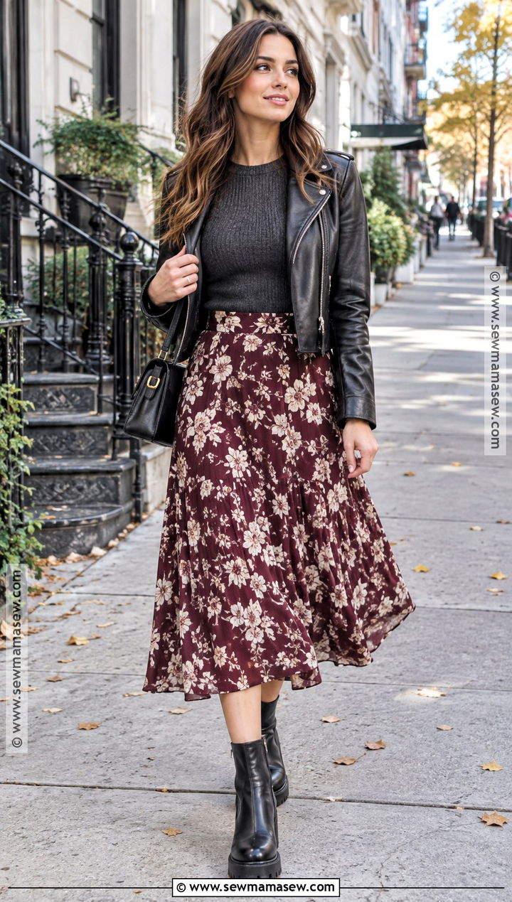 Floral Print Skirt With Leather Jacket - 15 floral print skirt fall ideas