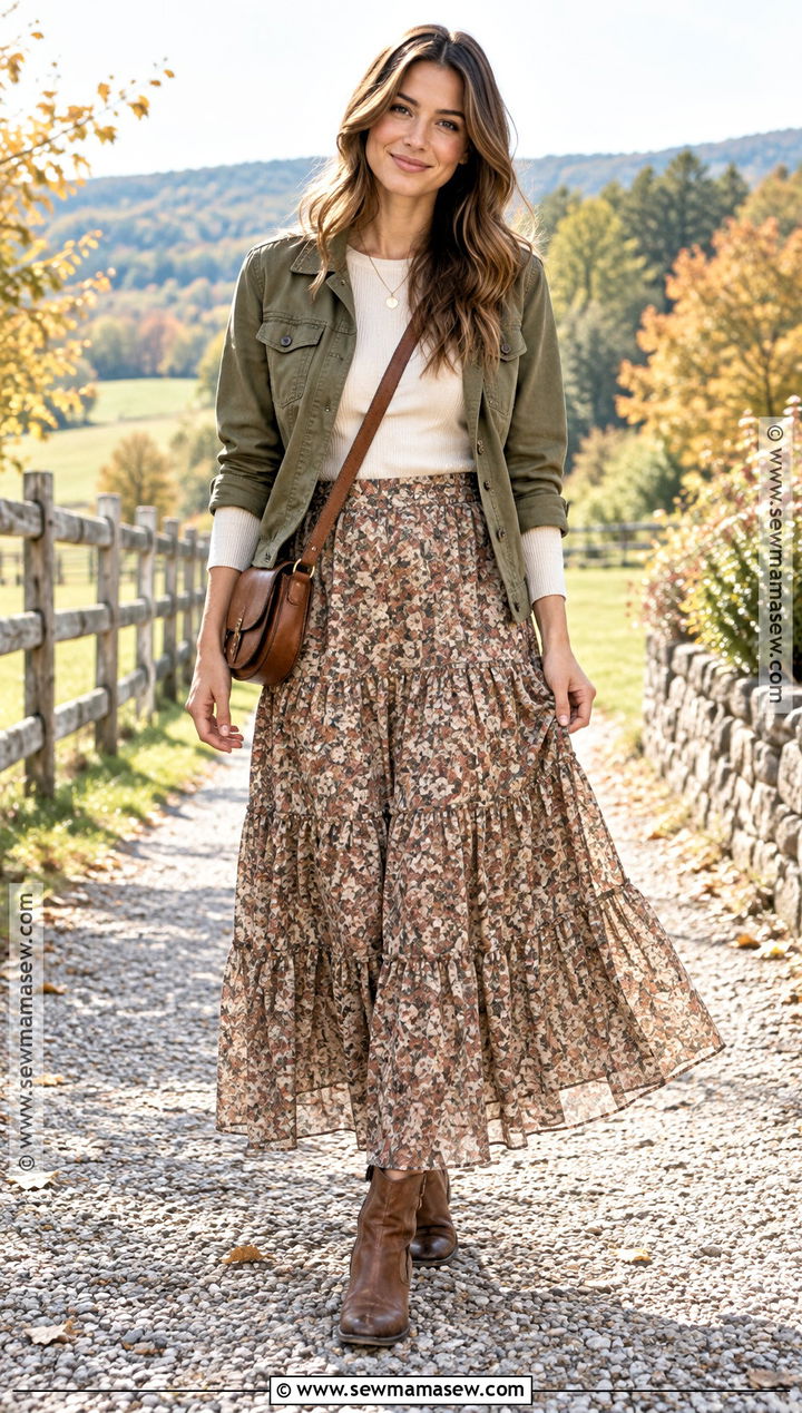 Floral Print Tiered Skirt With Utility Jacket - 15 floral print skirt fall ideas