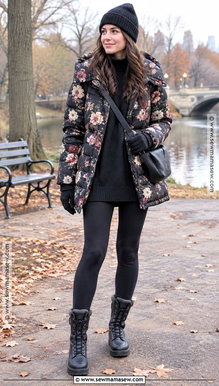 Floral Puffer Coat With Leggings And Winter Boots - 15 autumn floral coat style ideas