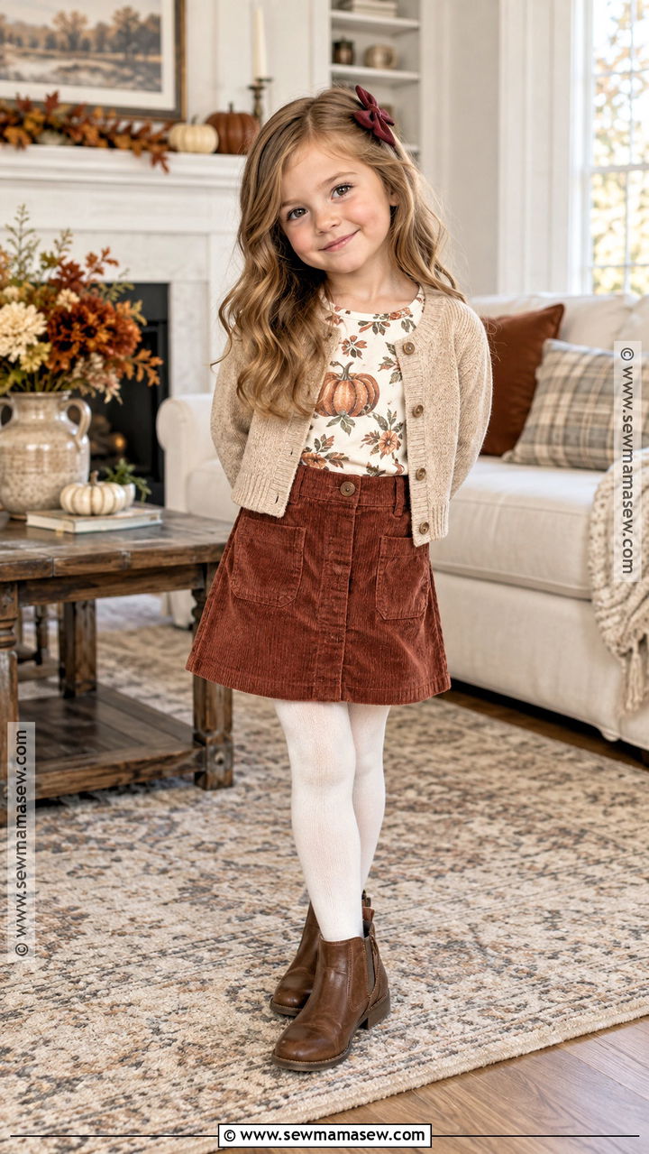 Floral Pumpkin Shirt With A Corduroy Skirt - 20 kids thanksgiving shirts