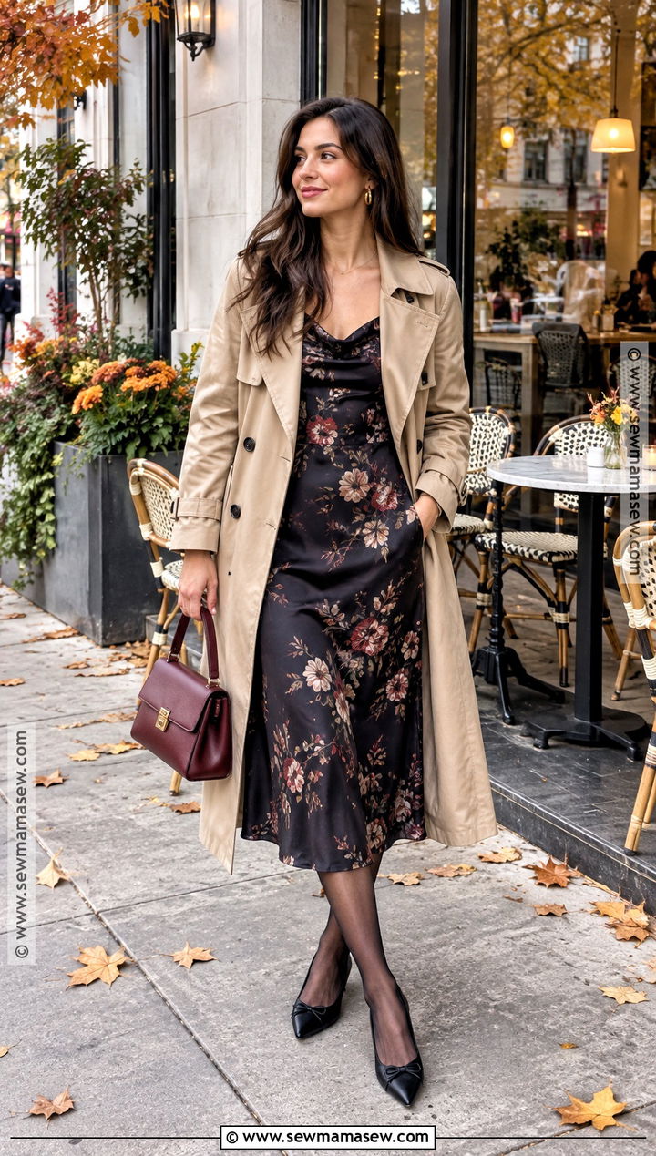 Floral Satin Dress With Trench Coat And Ballet Flats - 15 fall satin dress outfit ideas