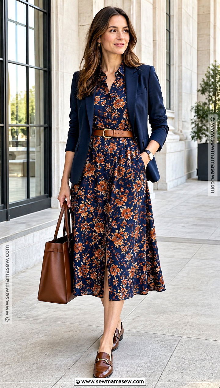 Floral Shirt Dress With Belt And Loafers - 20 fall floral dress ideas