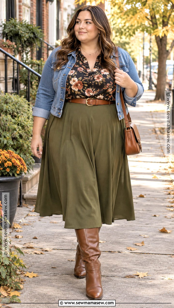 Floral Shirt With Olive A Line Skirt - 15 fall skirt and shirt outfits
