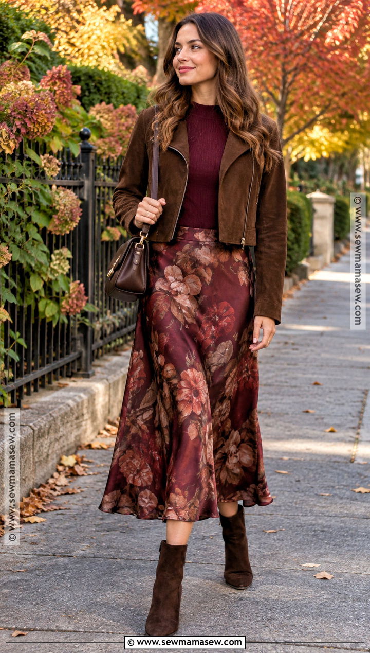 Floral Silk Skirt With Suede Jacket - 20 silk skirt fall outfit ideas