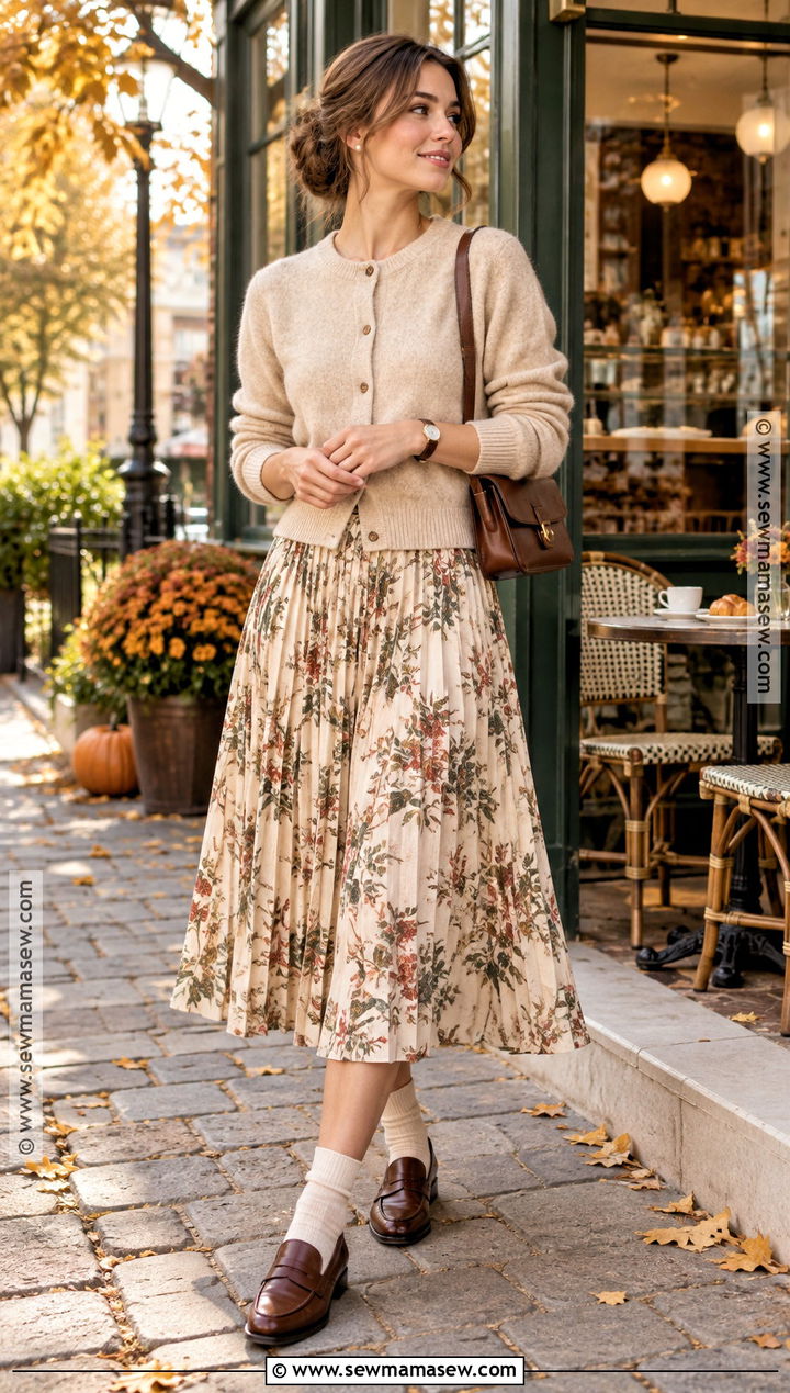 Floral Skirt With Cardigan And Loafers - 15 autumn floral skirt style ideas