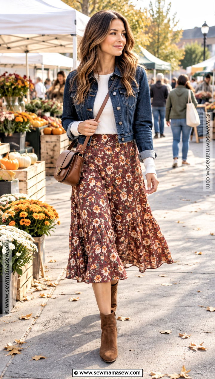 Floral Skirt With Denim Jacket - 15 autumn floral skirt style ideas