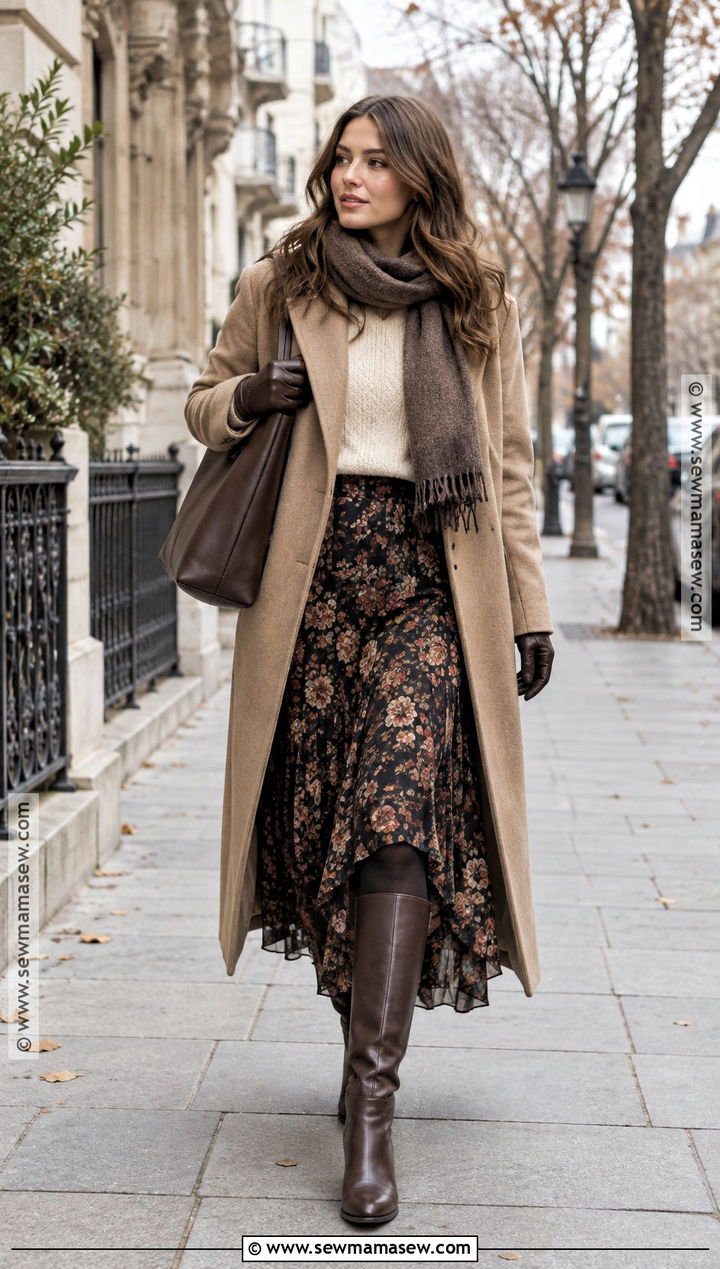 Floral Skirt With Long Coat - 15 autumn floral skirt style ideas