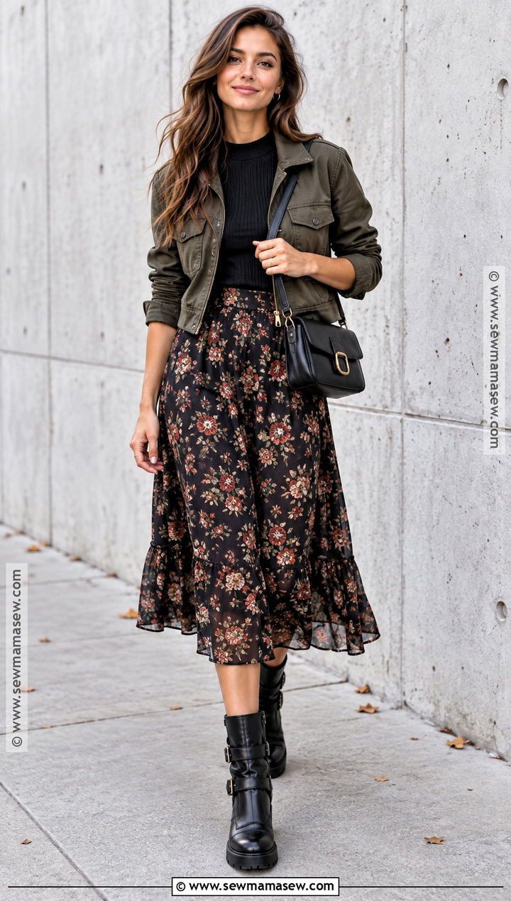 Floral Skirt With Moto Boots - 15 autumn floral skirt style ideas