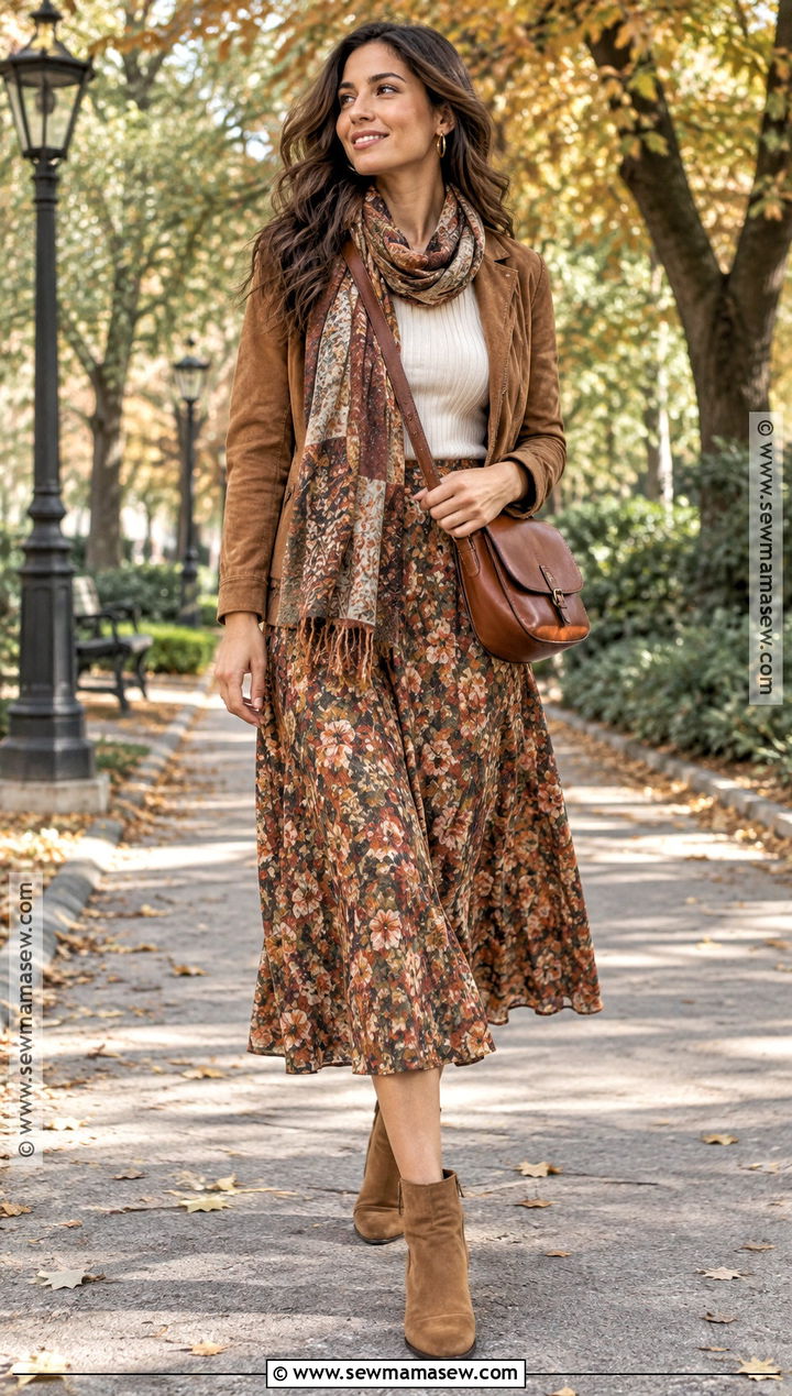 Floral Skirt With Suede Jacket - 15 autumn floral skirt style ideas