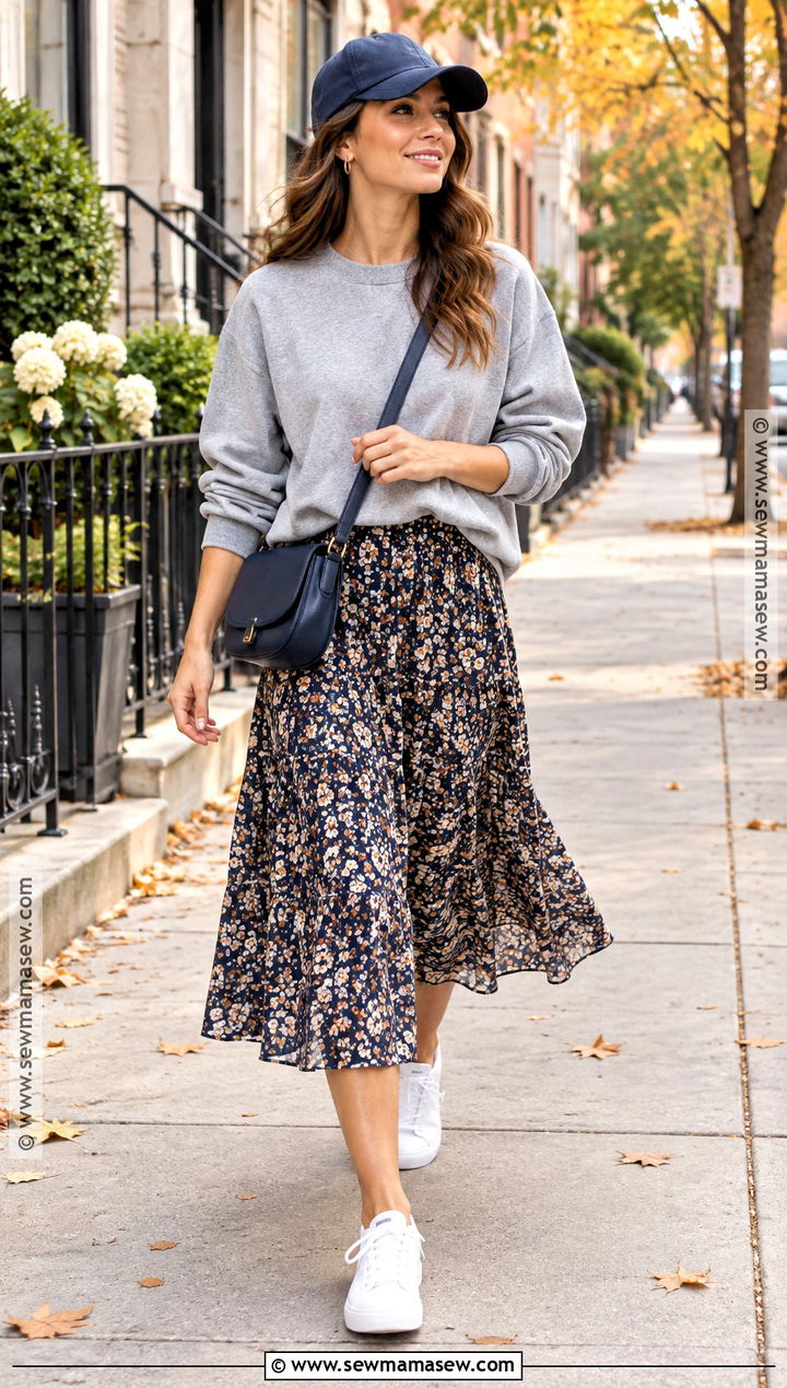Floral Skirt With Sweatshirt And Sneakers - 15 autumn floral skirt style ideas