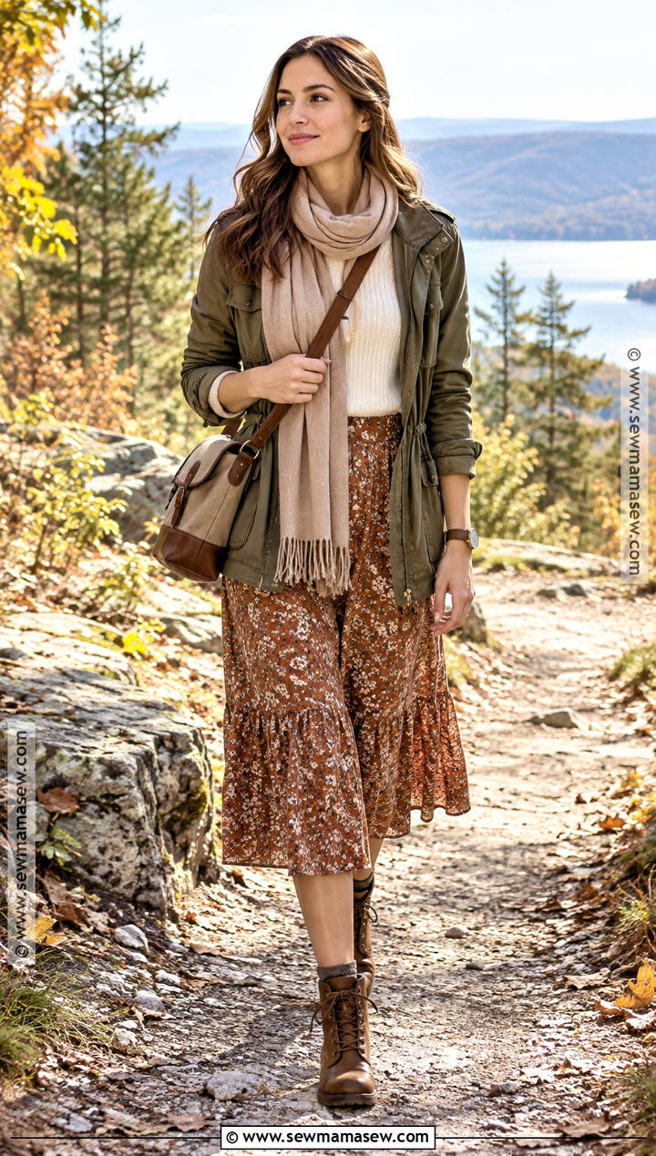 Floral Skirt With Utility Jacket And Lace Up Boots - 15 Autumn Outfit With Floral Skirt And Boots