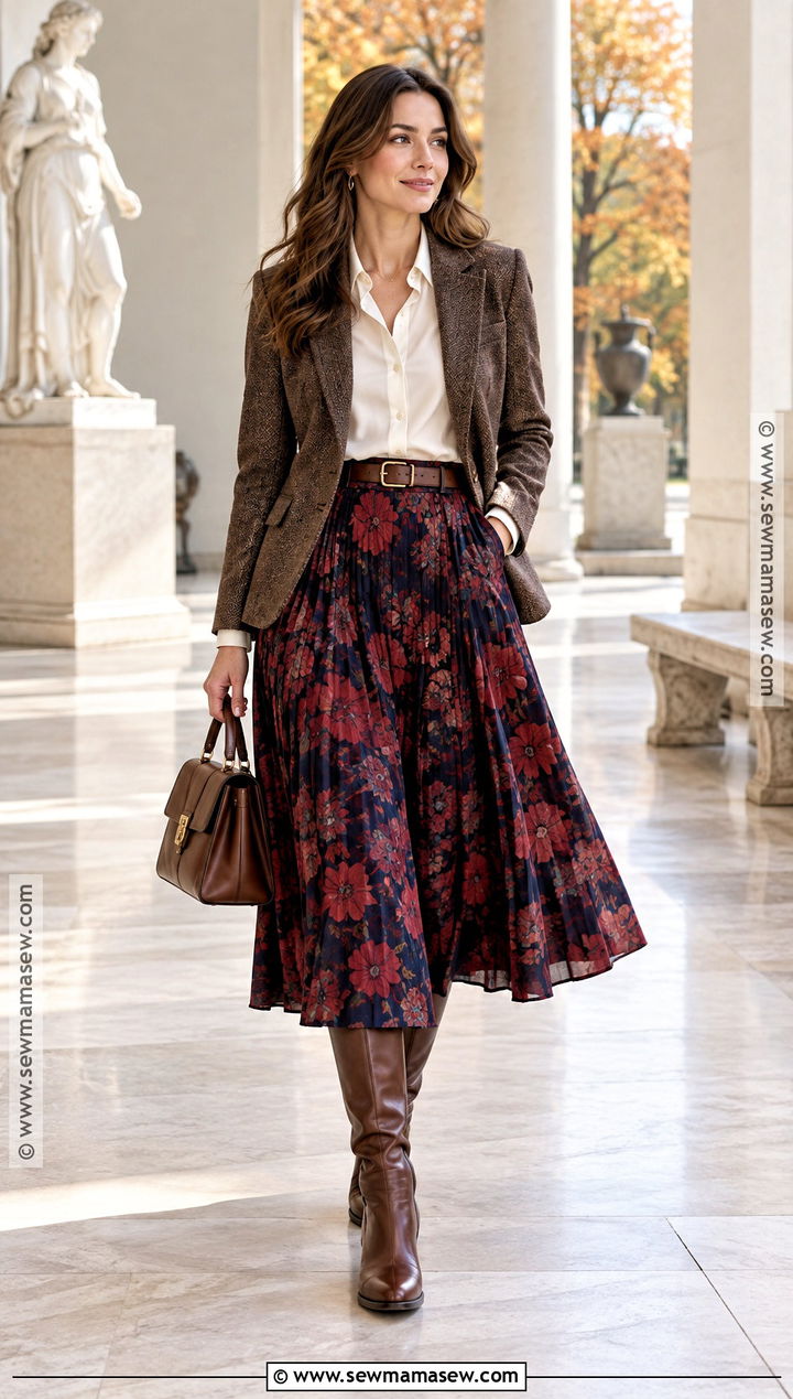 Floral Skirt With White Button Down Shirt - 15 floral print fall outfit ideas